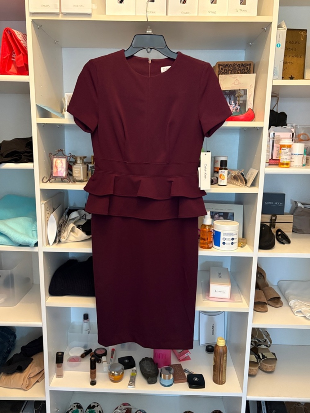 Calvin Klein Burgundy Peplum Midi Dress